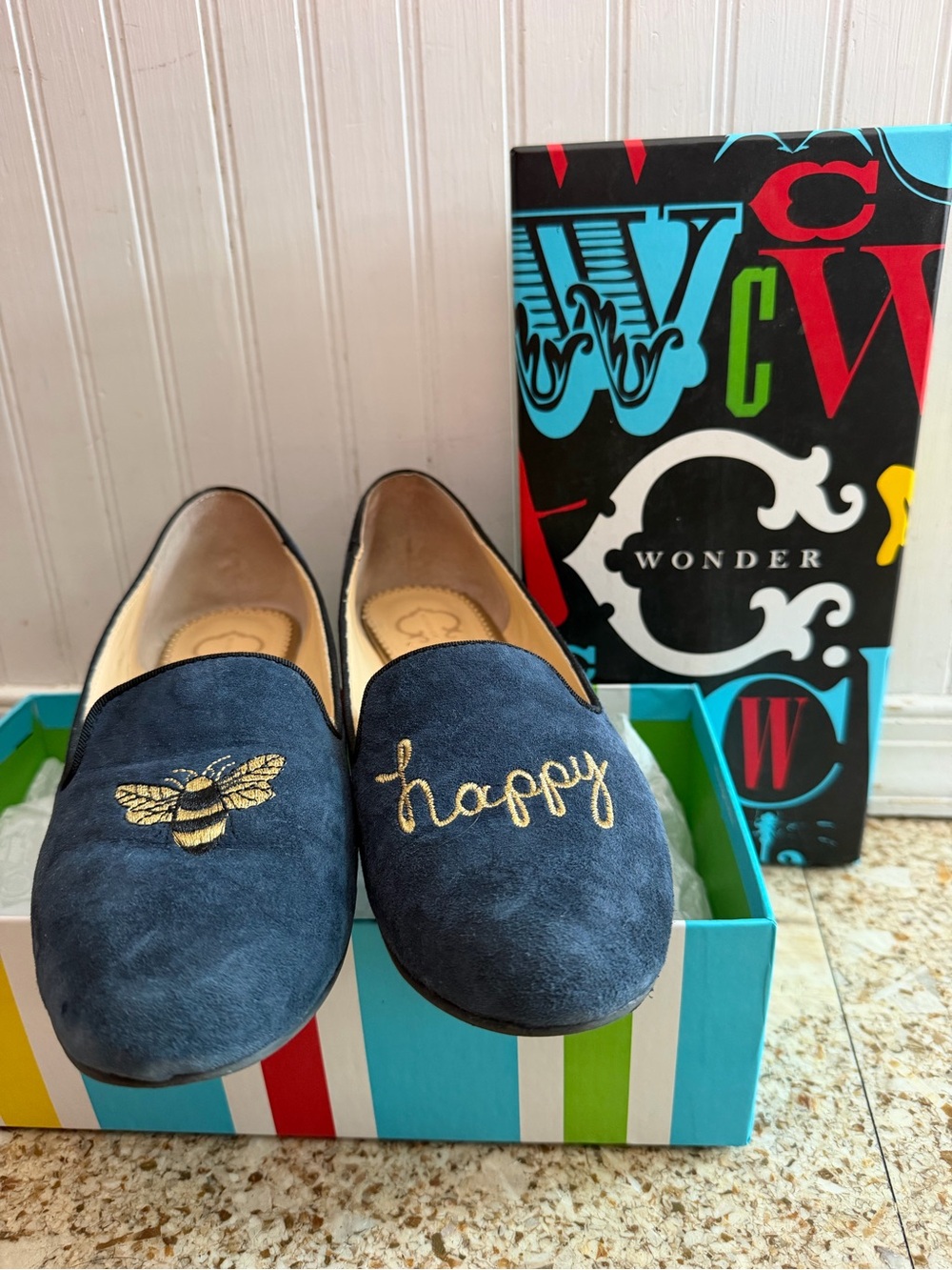 Navy Suede 'Happy' Embroidered Slip-On Loafers C. Wonder 9.5M
